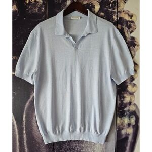 SUITSUPPLY Men Light Blue Linen Cotton Johnny Collar Polo Shirt Short Sleeve XXL